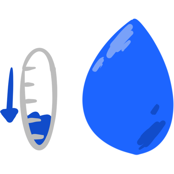 a blue thermometer is on the left with a blue arrow symbol pointing down. On the right is a big blue drop of water.